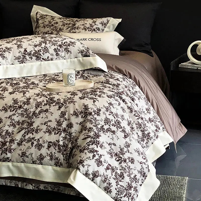 Elegant ivory & dark brown floral egyptian cotton bedding sets bedroom