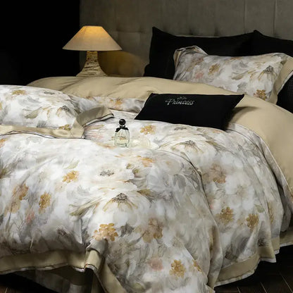 Elegant ivory floral print eucalyptus fiber bedding set bedroom