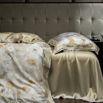 Elegant ivory floral print eucalyptus fiber bedding set bedroom