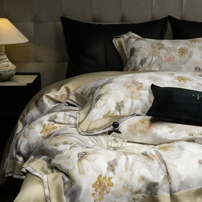Elegant ivory floral print eucalyptus fiber bedding set bedroom