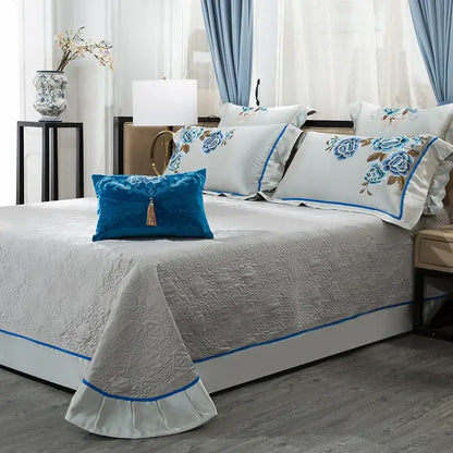 Elegant ivory & royal blue 200s embroidery egyptian cotton bedding set