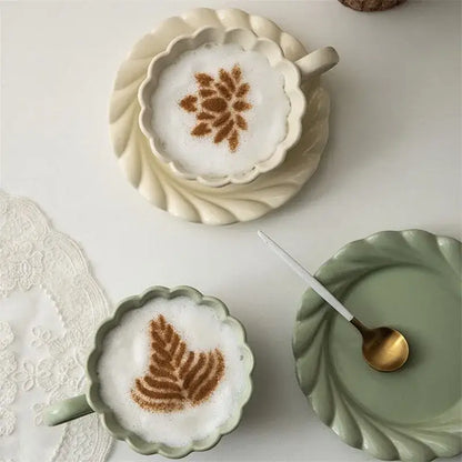 Elegant lace ceramic coffee cup and saucer set white & mint dining room