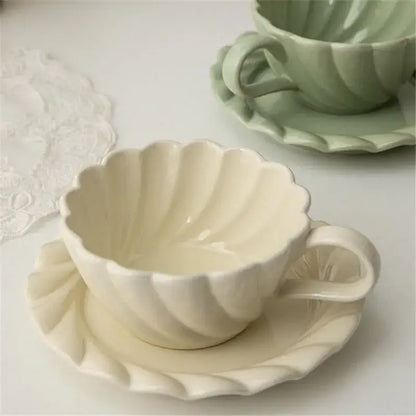 Elegant lace ceramic coffee cup and saucer set white & mint dining room