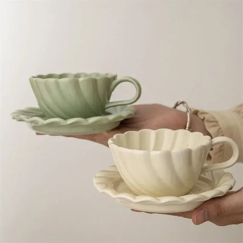 Elegant lace ceramic coffee cup and saucer set white & mint dining room