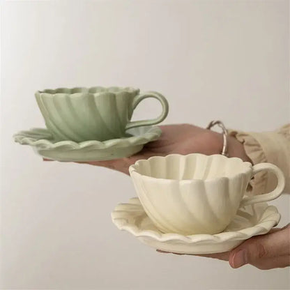 Elegant lace ceramic coffee cup and saucer set white & mint dining room