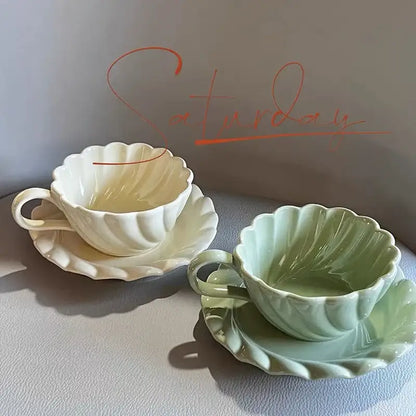 Elegant lace ceramic coffee cup and saucer set white & mint dining room