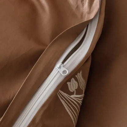 Elegant lily brown & white cotton bedding set bedroom embroidery