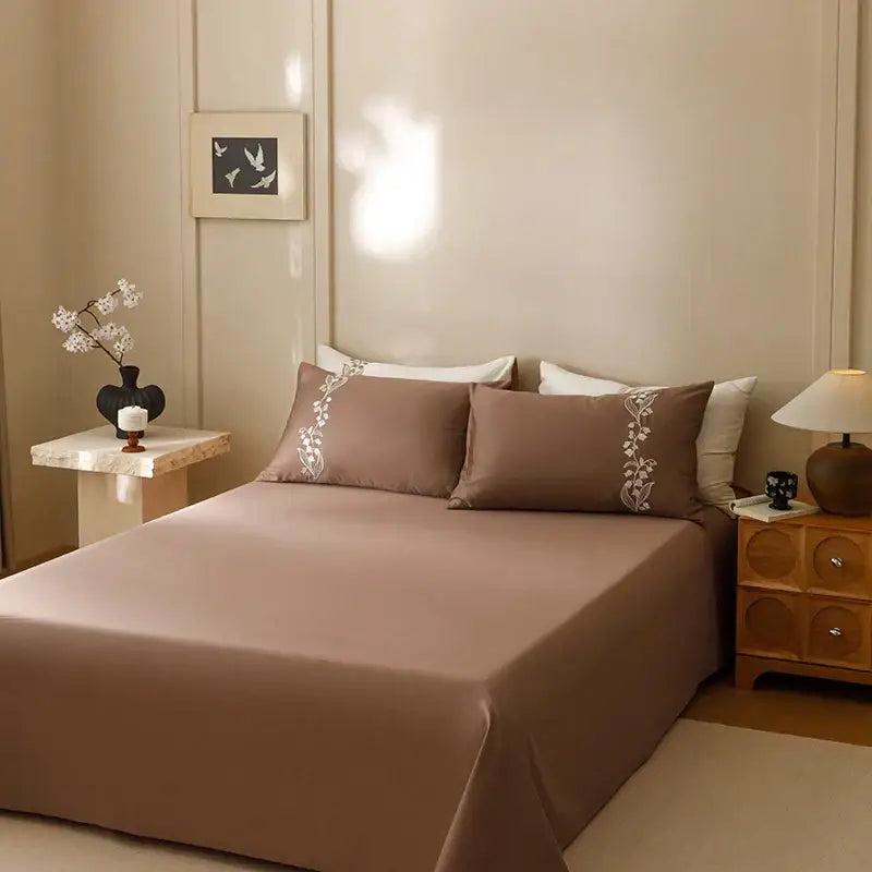 Elegant lily brown & white cotton bedding set bedroom embroidery