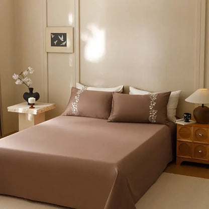 Elegant lily brown & white cotton bedding set bedroom embroidery
