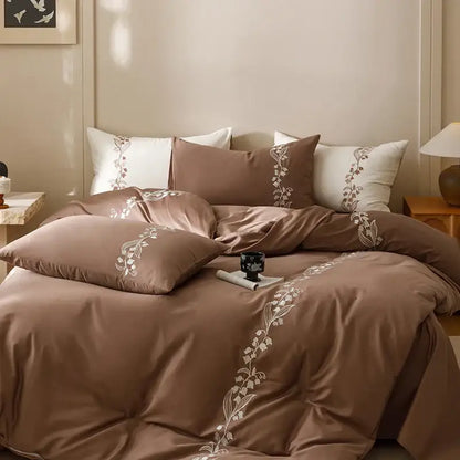 Elegant lily brown & white cotton bedding set bedroom embroidery