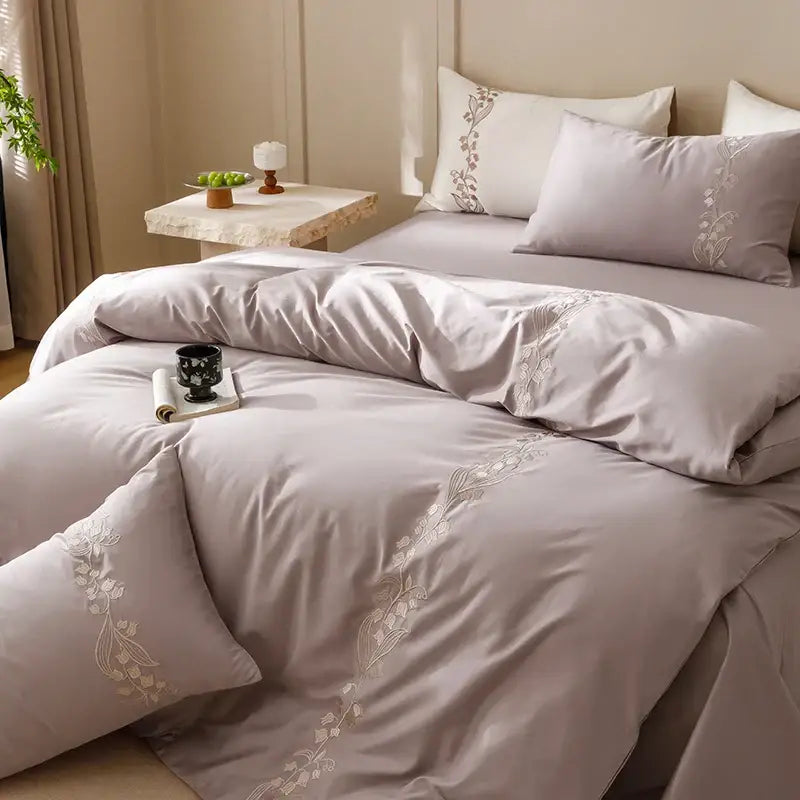 Elegant lily brown & white cotton bedding set bedroom embroidery