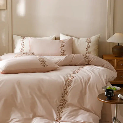 Elegant lily brown & white cotton bedding set bedroom embroidery