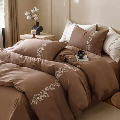 Elegant lily brown & white cotton bedding set bedroom embroidery