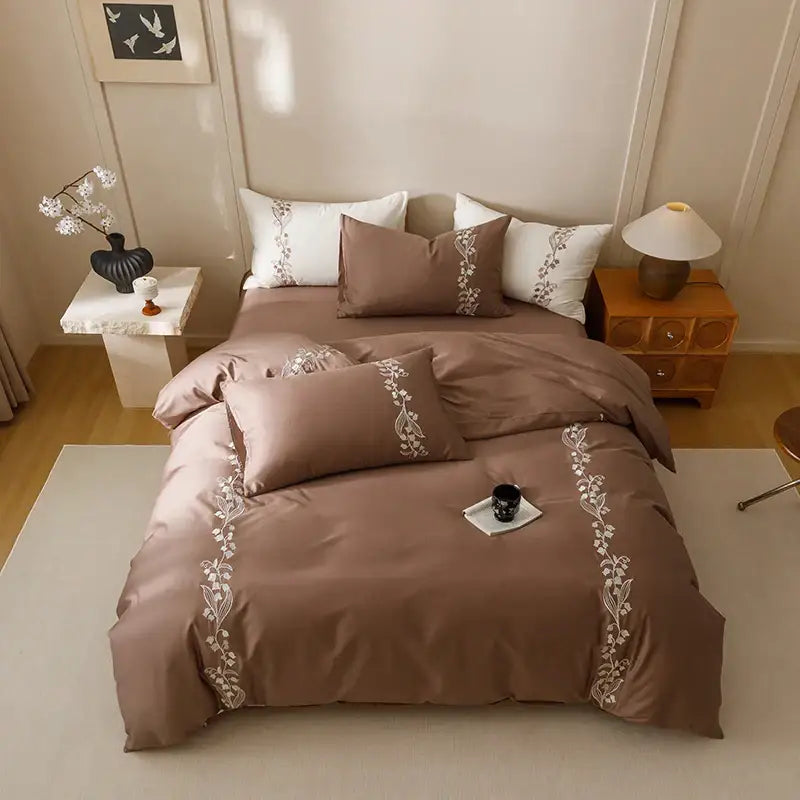 Elegant lily brown & white cotton bedding set bedroom embroidery