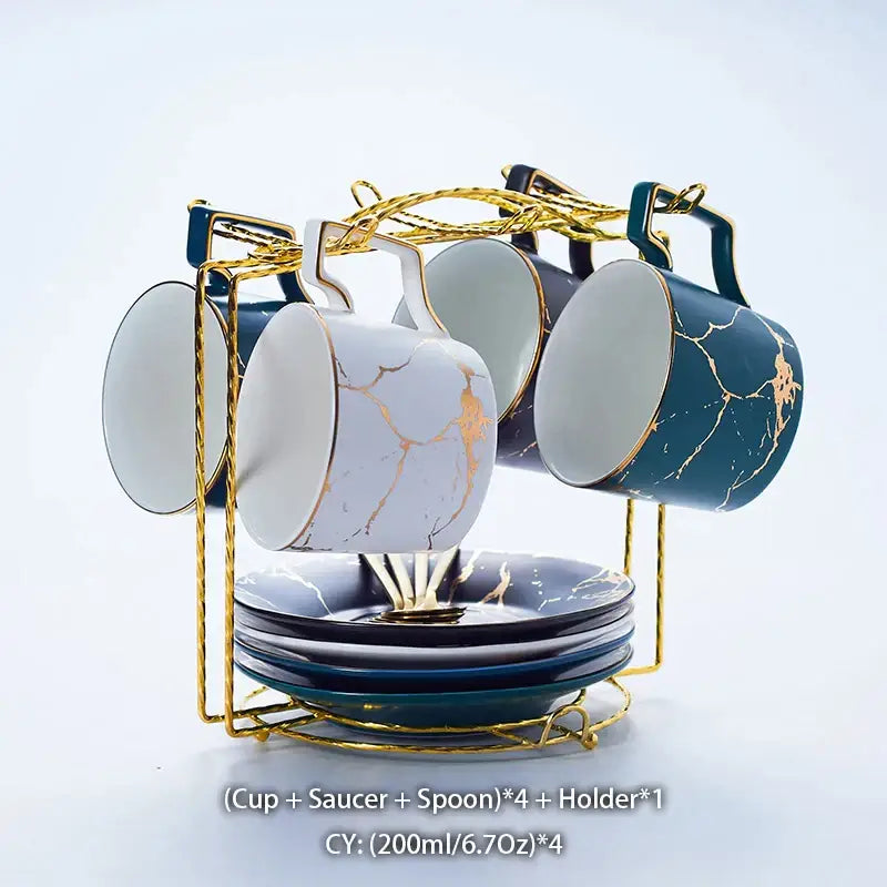 Elegant marble ceramic tea set – dining room gold pattern cups