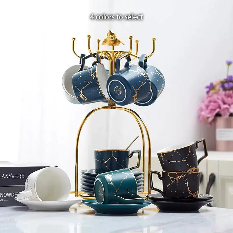 Elegant marble ceramic tea set – dining room gold pattern cups