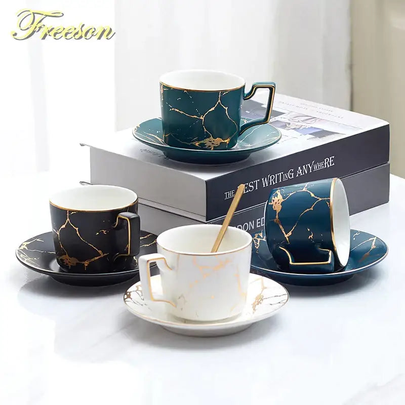 Elegant marble ceramic tea set – dining room gold pattern cups