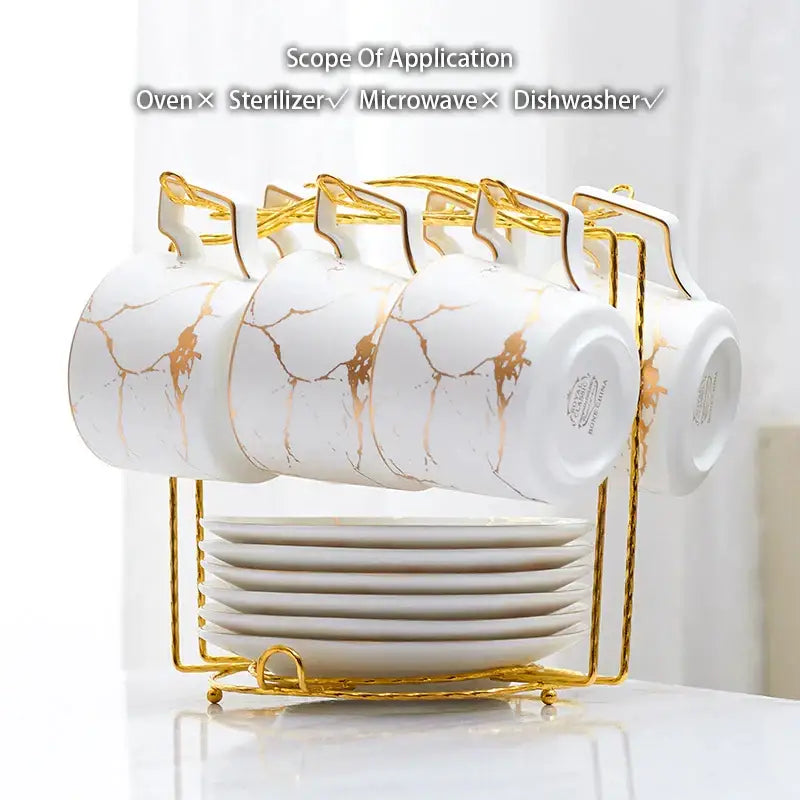 Elegant marble ceramic tea set – dining room gold pattern cups