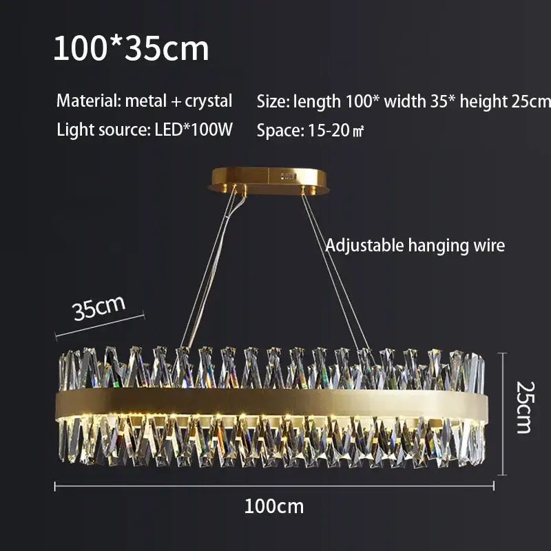 Elegant oval brushed gold rings crystal chandelier dining room light