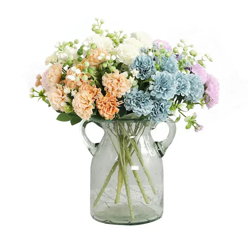 Elegant pink hydrangea daisy bouquet living room decor