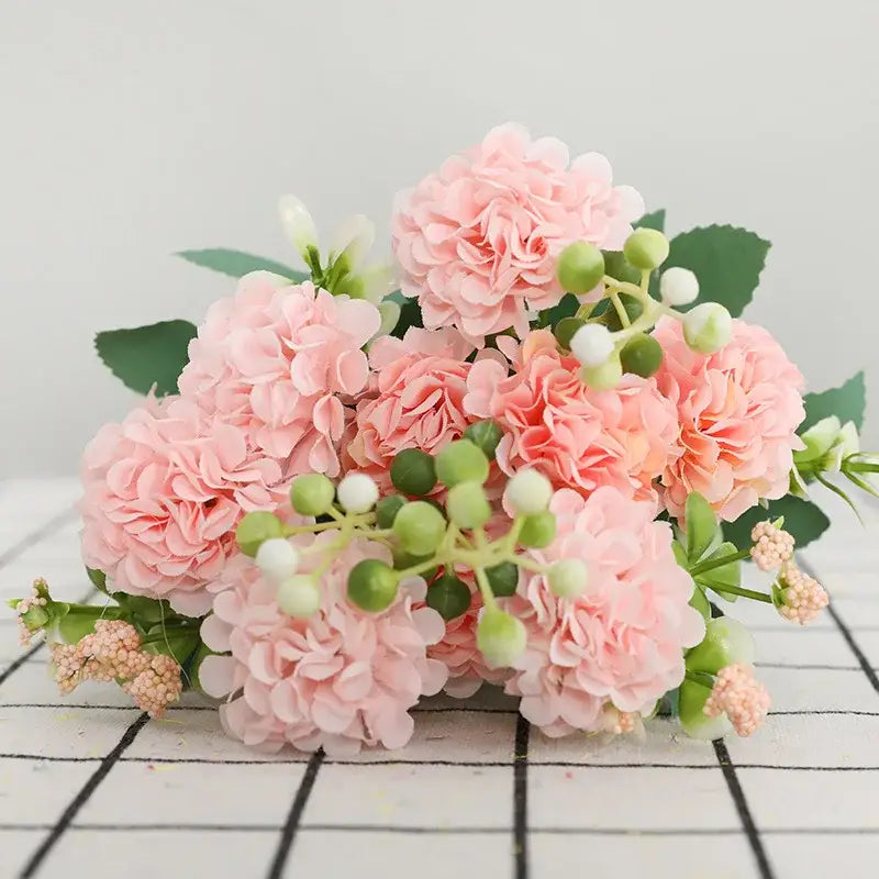 Elegant pink hydrangea daisy bouquet living room decor