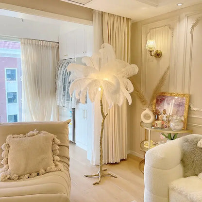 Elegant pink ostrich feather floor lamp bedroom gold branch light