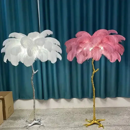 Elegant pink ostrich feather floor lamp bedroom gold branch light