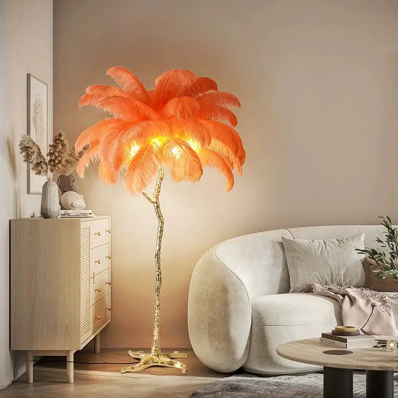 Elegant pink ostrich feather floor lamp bedroom gold branch light