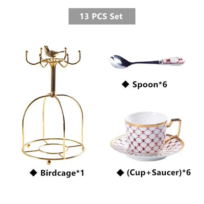 Elegant red & gold porcelain coffee set dining room tea service