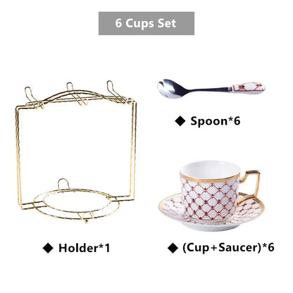 Elegant red & gold porcelain coffee set dining room tea service