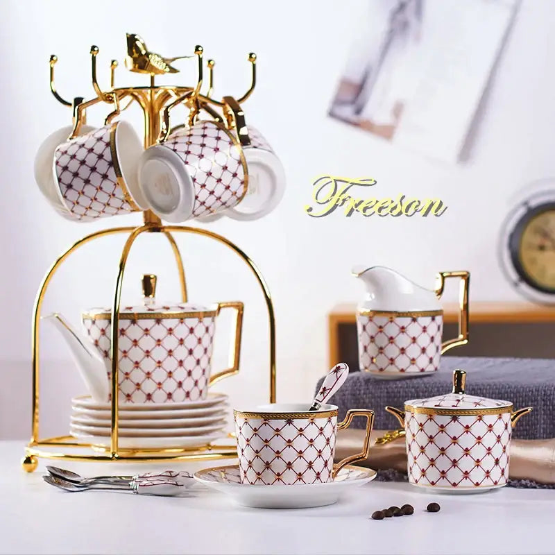 Elegant red & gold porcelain coffee set dining room tea service