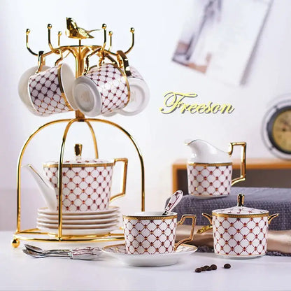Elegant red & gold porcelain coffee set dining room tea service
