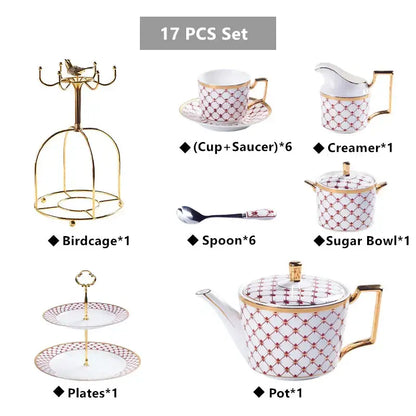 Elegant red & gold porcelain coffee set dining room tea service