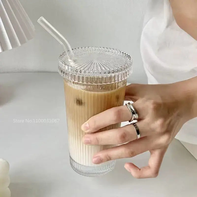 Elegant ribbed glass straw cup – kitchen and dining drinkware