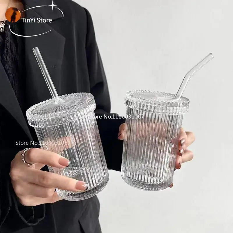Elegant ribbed glass straw cup – kitchen and dining drinkware