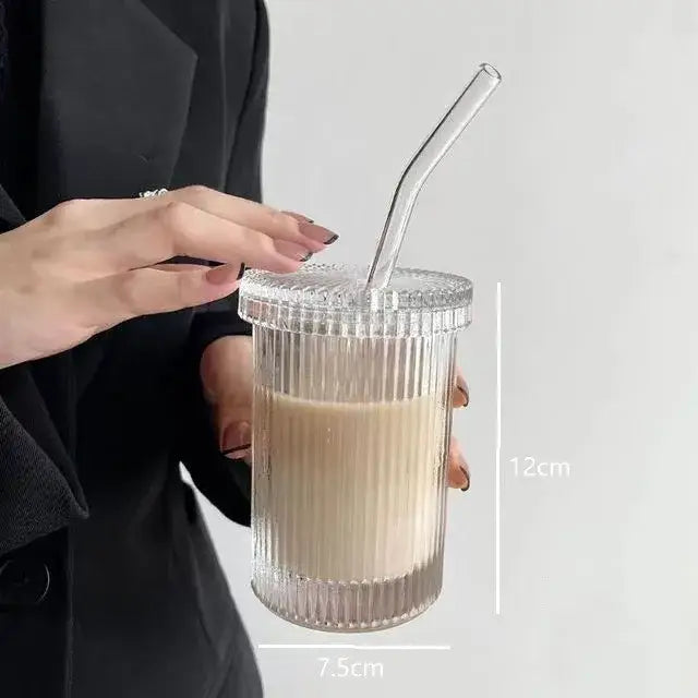 Elegant ribbed glass straw cup – kitchen and dining drinkware