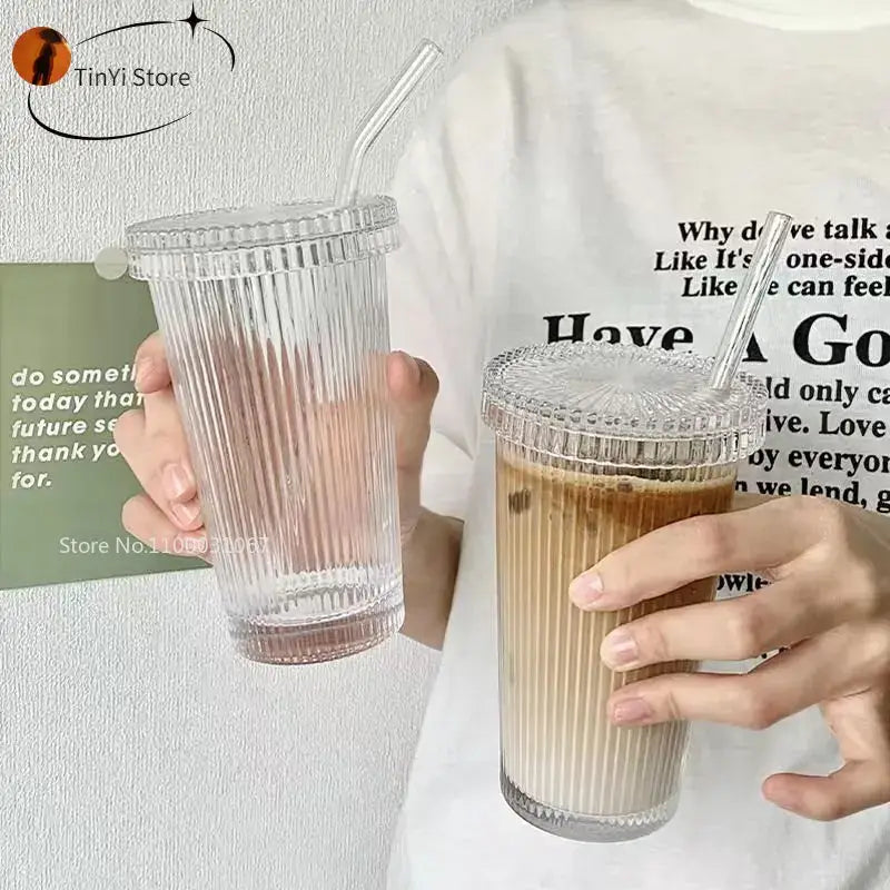 Elegant ribbed glass straw cup – kitchen and dining drinkware
