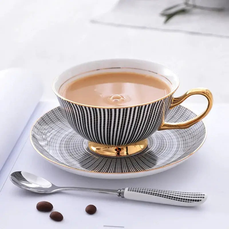 Elegant striped black & white porcelain tea cup set dining room gold trim