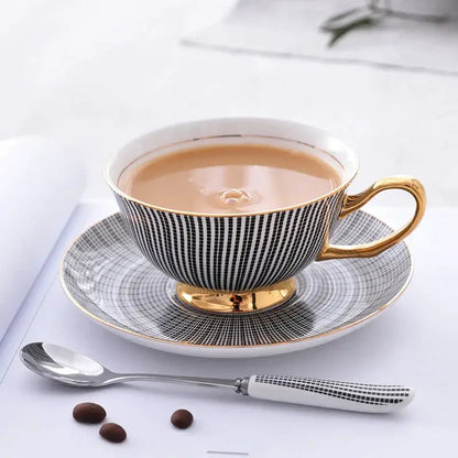 Elegant striped black & white porcelain tea cup set dining room gold trim