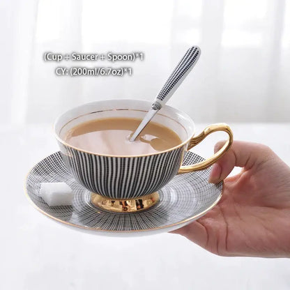 Elegant striped black & white porcelain tea cup set dining room gold trim