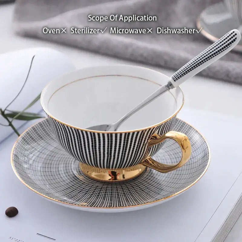 Elegant striped black & white porcelain tea cup set dining room gold trim