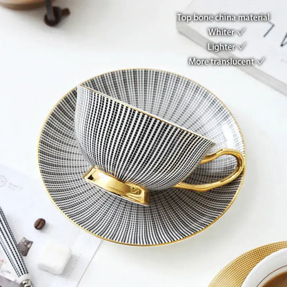 Elegant striped black & white porcelain tea cup set dining room gold trim