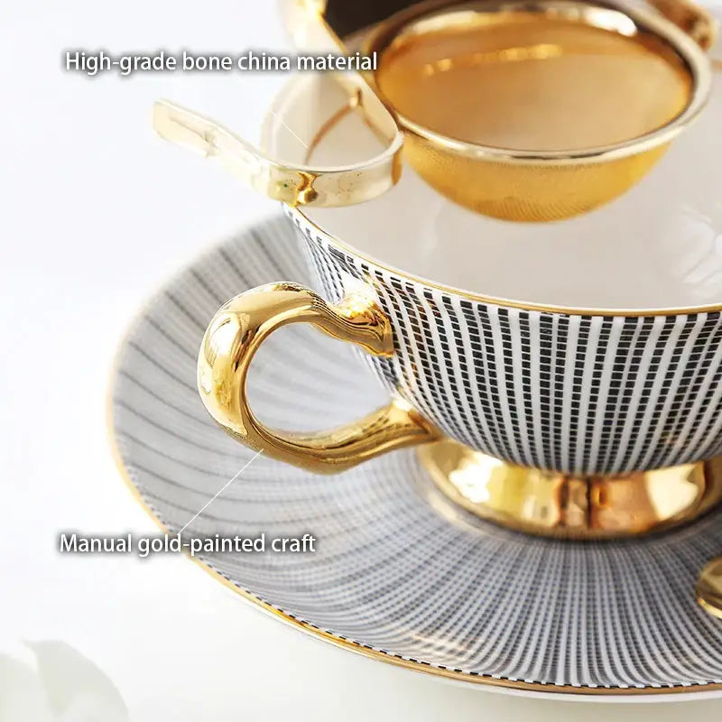 Elegant striped black & white porcelain tea cup set dining room gold trim