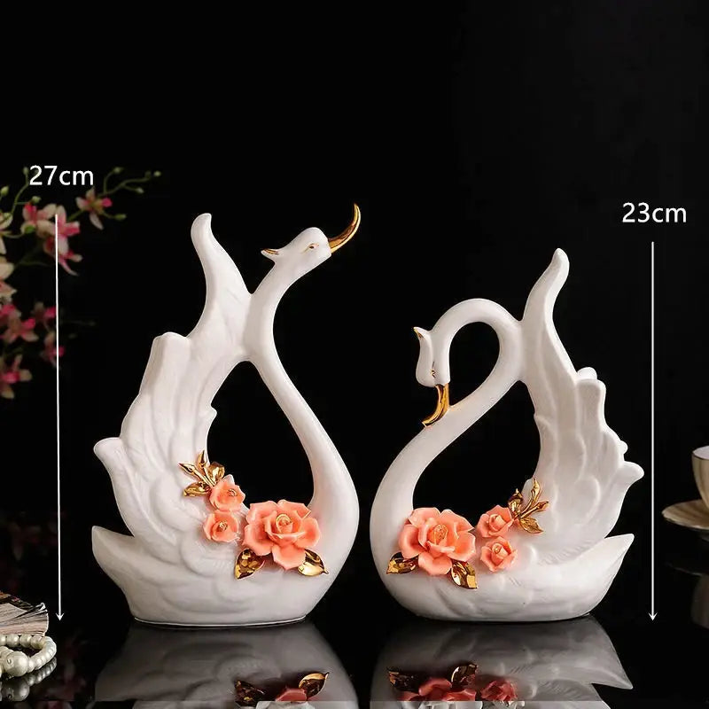Elegant swan sculpture figurines white & pink living room decor