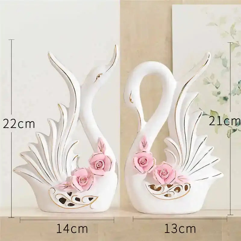 Elegant swan sculpture figurines white & pink living room decor