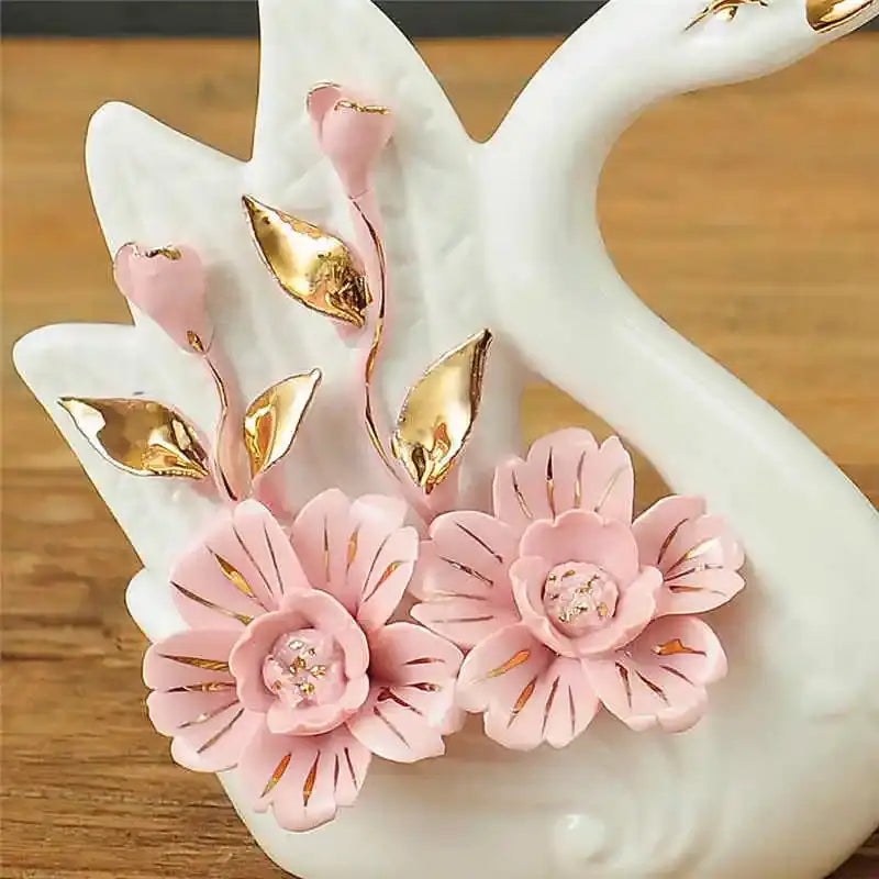 Elegant swan sculpture figurines white & pink living room decor
