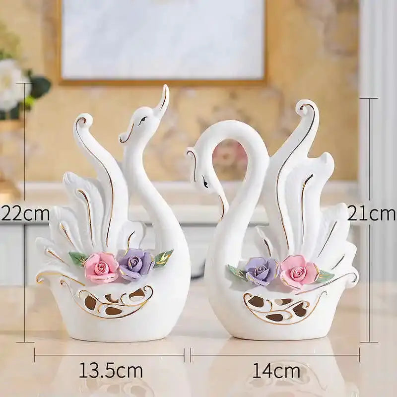 Elegant swan sculpture figurines white & pink living room decor