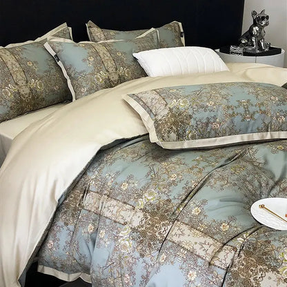 Elegant teal & gold floral luxury bedding set bedroom duvet cover