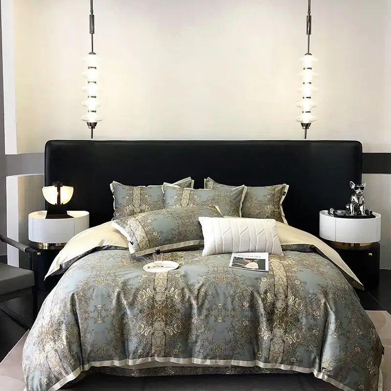 Elegant teal & gold floral luxury bedding set bedroom duvet cover