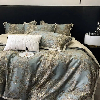 Elegant teal & gold floral luxury bedding set bedroom duvet cover